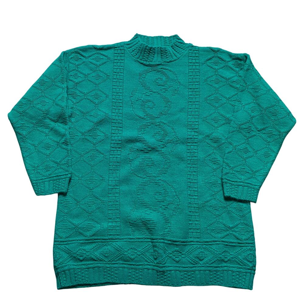 Vintage Kelly Green Thin Knit Beldoch Popper Sweater 80s 3/4 Sleeve MockNeck M/L